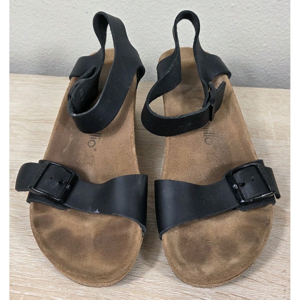 Papillio Birkenstock Black Leather Ankle Strap Cork Wedge Sandals Women's EU 38